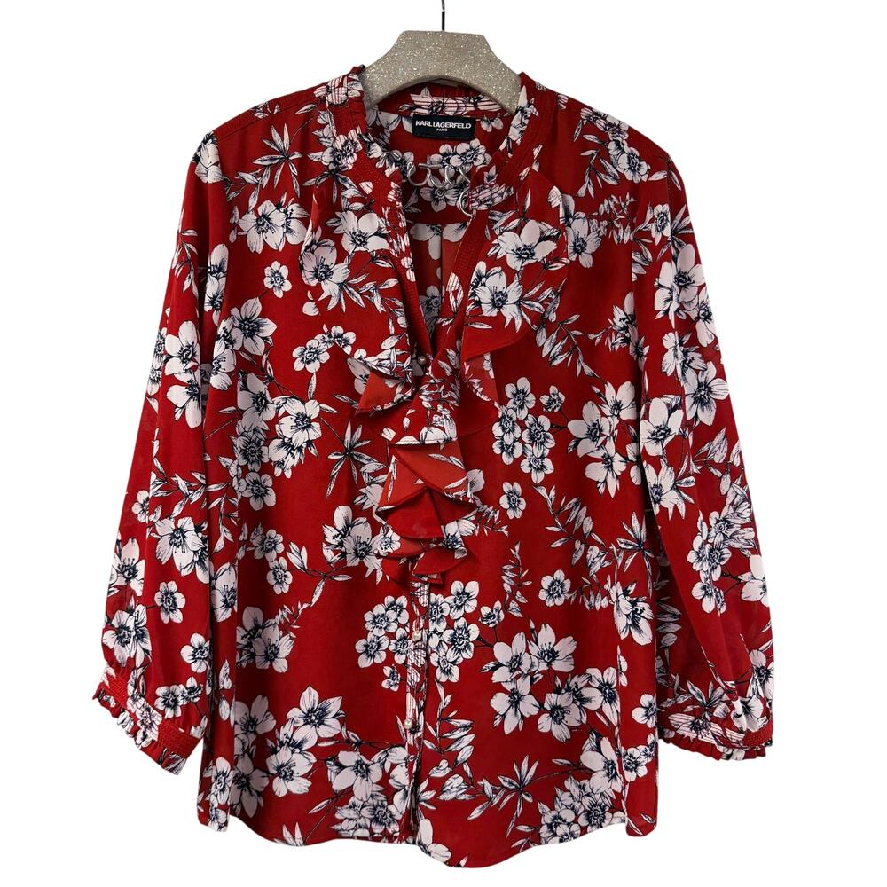 Karl Lagerfeld Floral Blouse Large Red Ruffle Polyester Long Sleeve Pearl Button